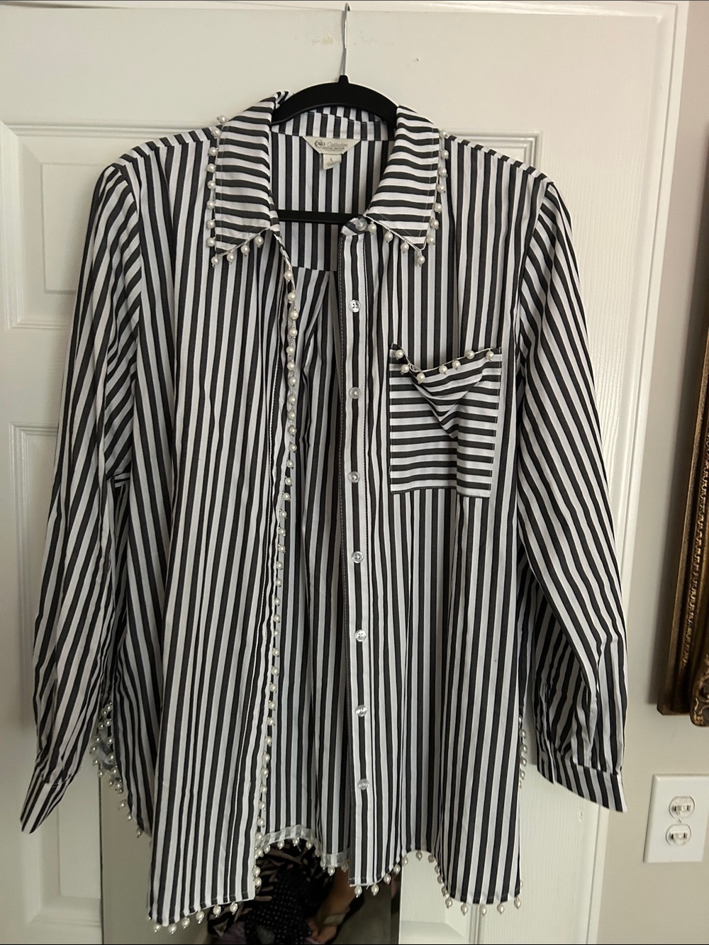 Cato Black and White Pearl-Trim Striped Button-Up Blouse